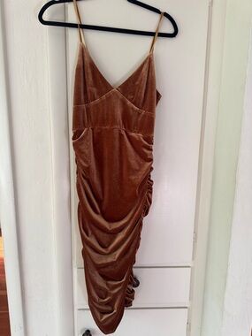 Velvet Ruched Slip Dress in Caramel